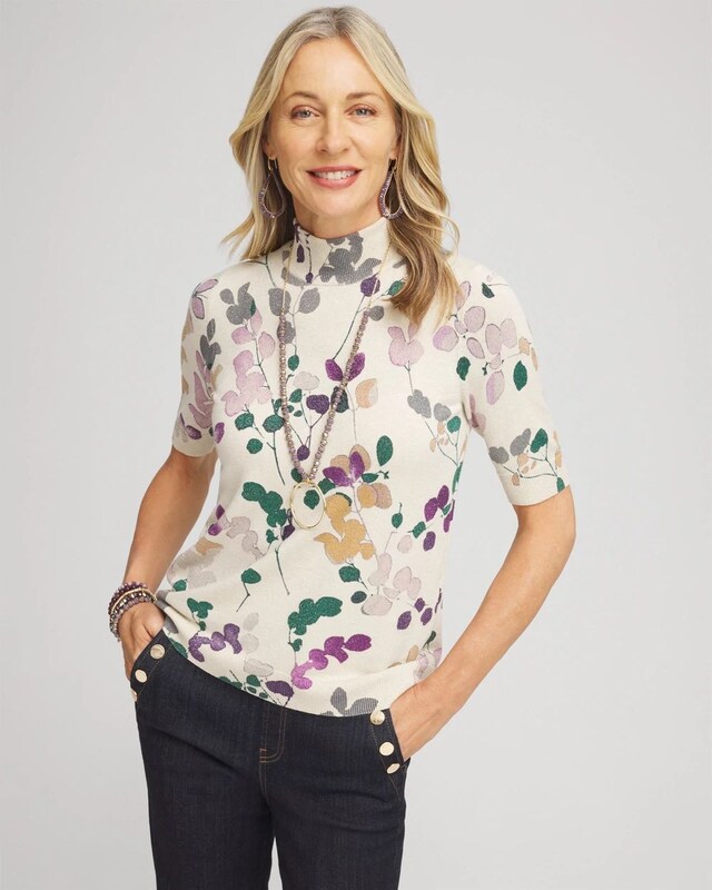 Floral Elbow Sleeve Mock Neck Sweater - image 1
